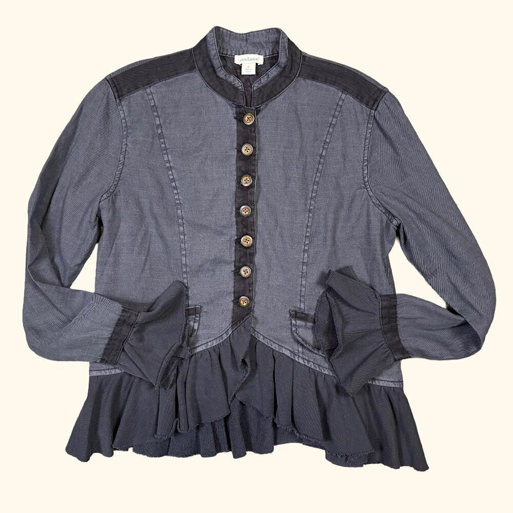 Sundance Laurel Legends Blue Grey Linen Peplum Ruffle Military Jacket Small